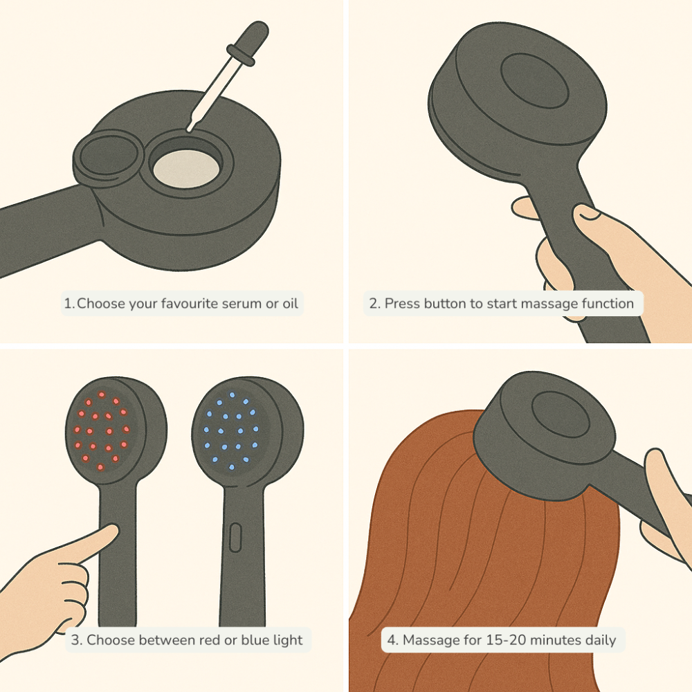 Illustration of a handheld device with various functions for hair care.