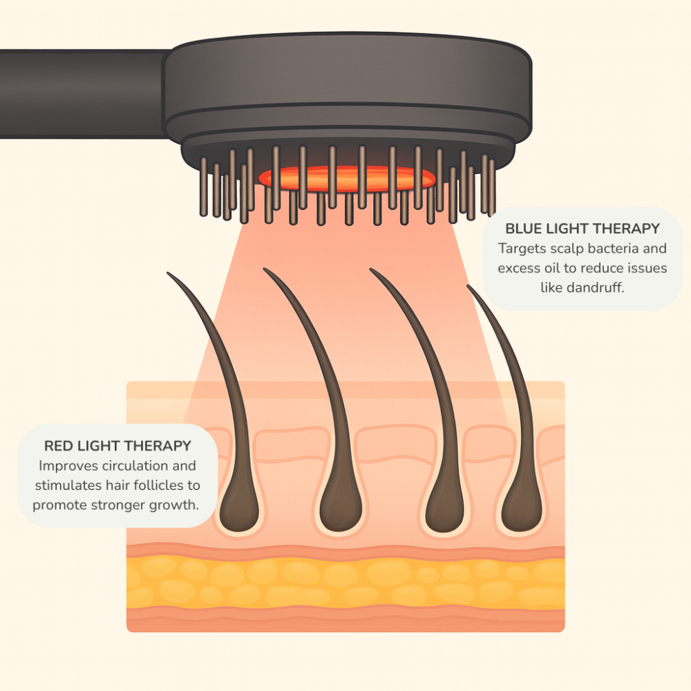 Illustration of a hair care device with blue and red light therapy effects on scalp and hair follicles.